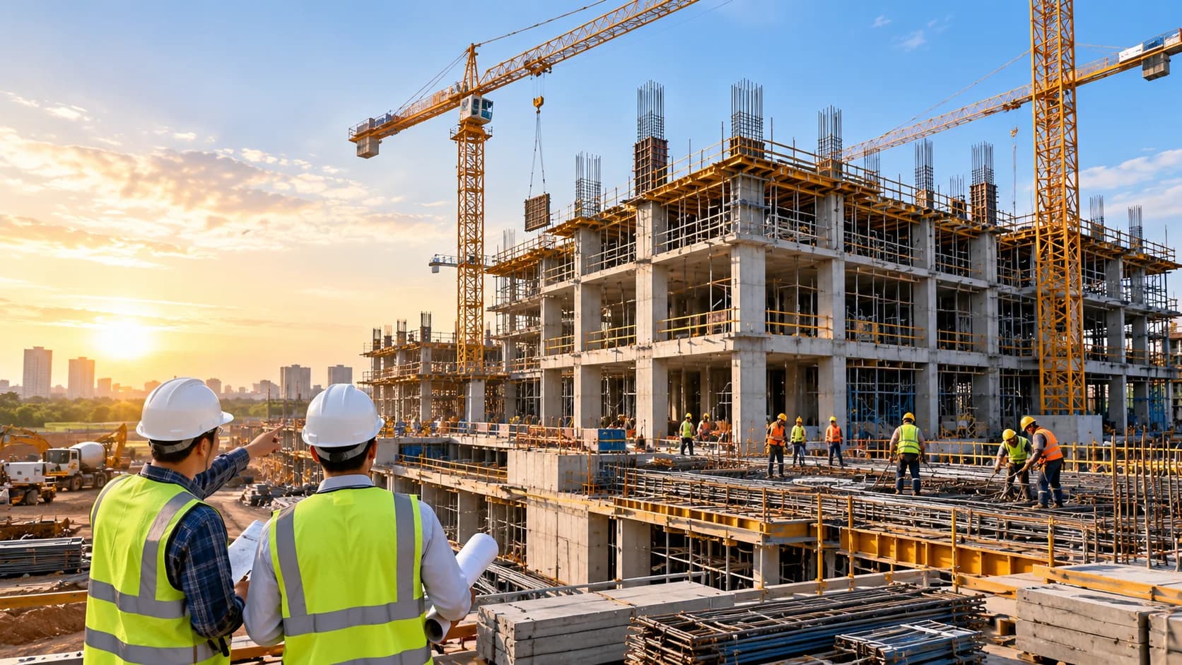 Modern construction project with engineers, workers, heavy equipment, structural work, and site quality inspection activities.