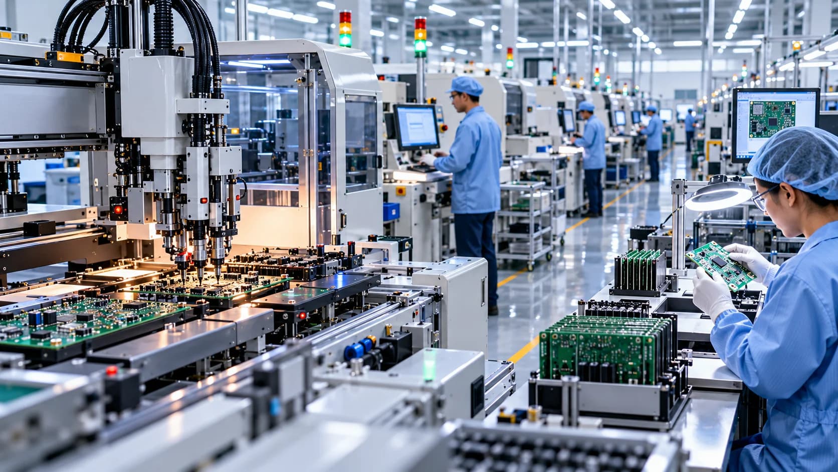 Modern electronics manufacturing facility with automated PCB assembly equipment, electronic components, inspection systems, and professional technicians.