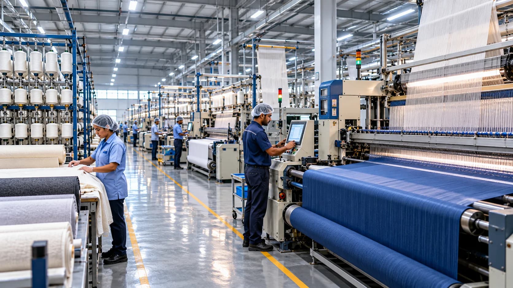 Modern textile manufacturing facility with textile machinery, fabric production equipment, material handling systems, and quality inspection activities.