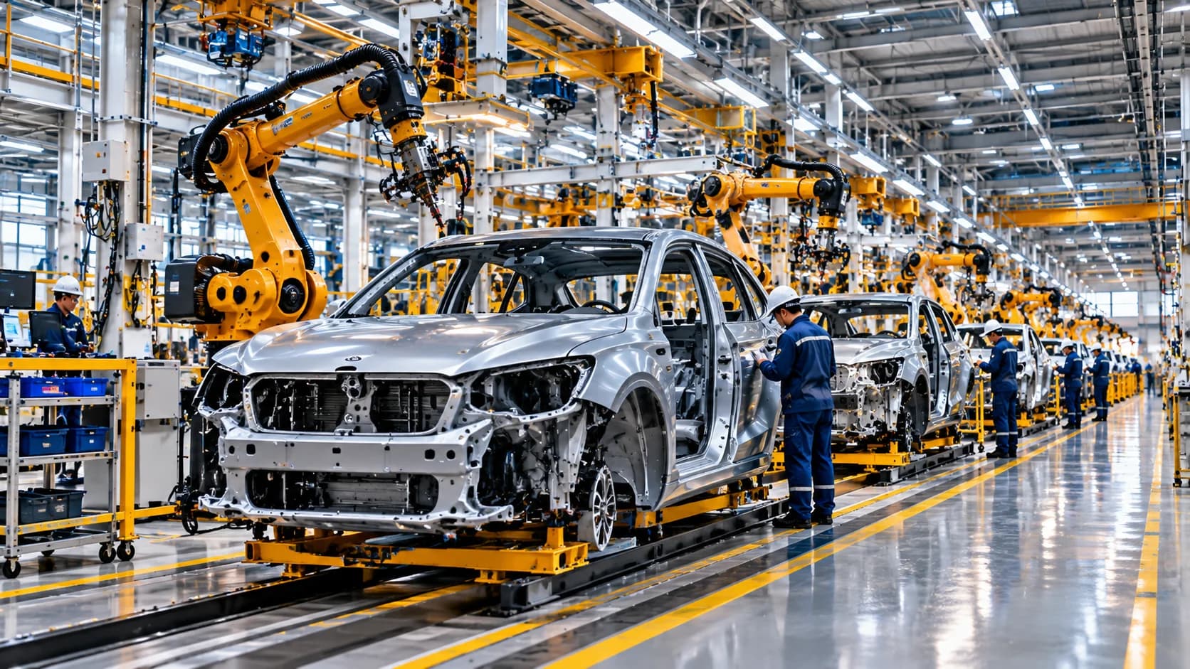 Modern automotive manufacturing facility with vehicle production, automated equipment, and quality inspection activities.
