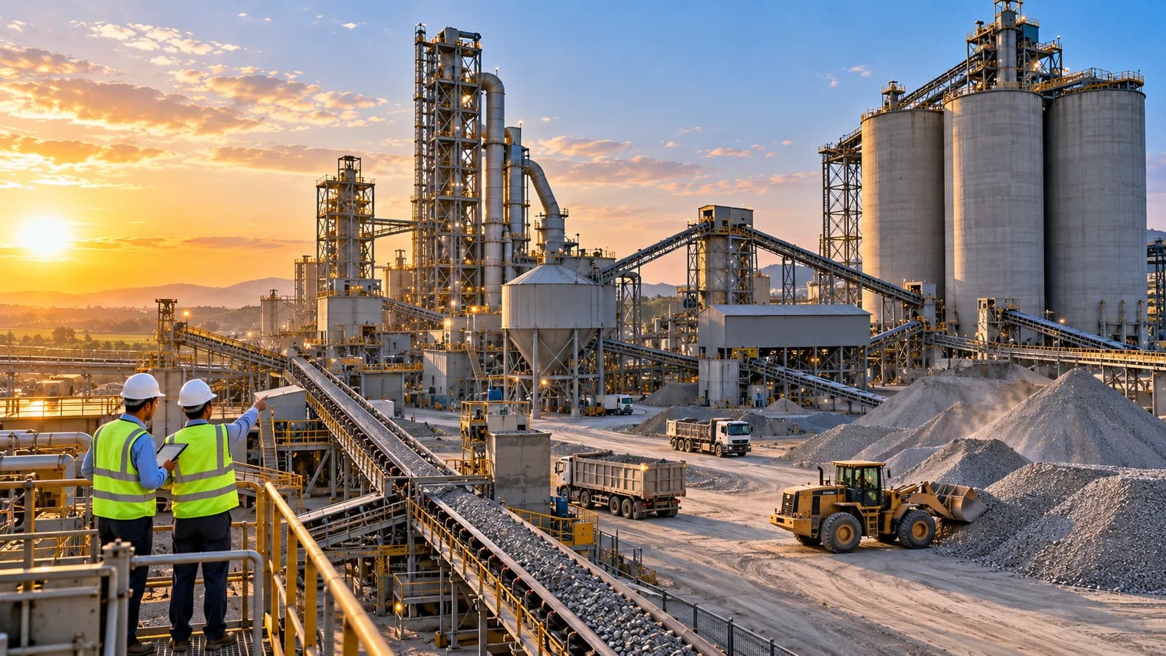 Modern cement and building materials manufacturing facility with processing equipment, material handling systems, and quality inspection activities.