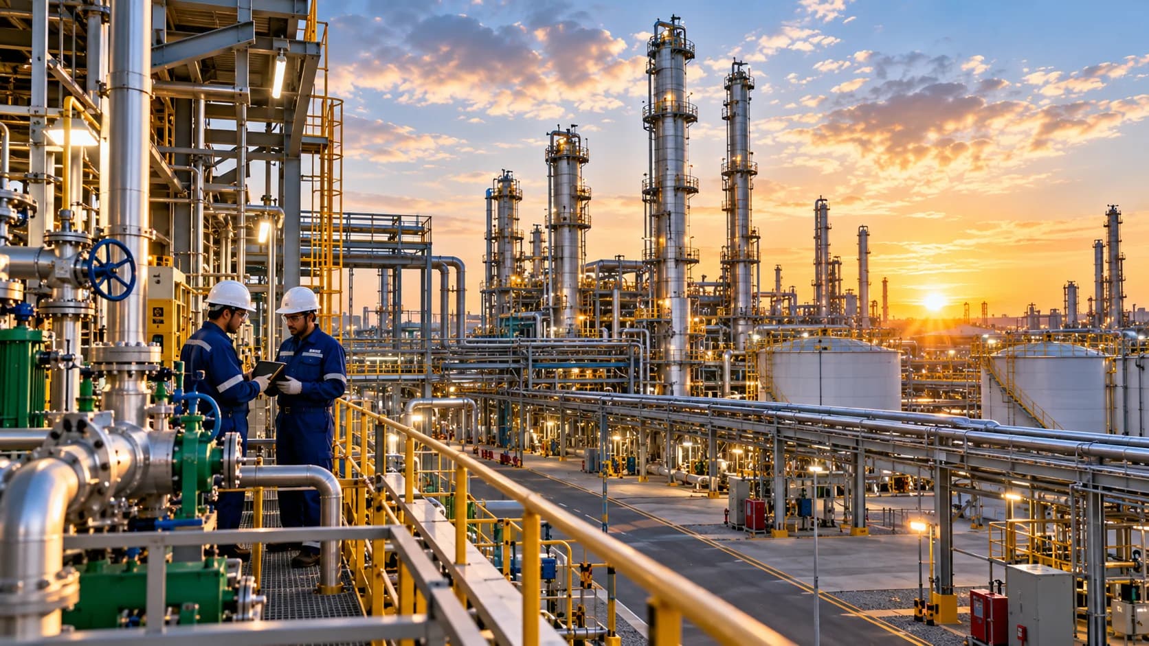 Modern chemical manufacturing facility with process equipment, storage systems, laboratory testing, and professional operators.