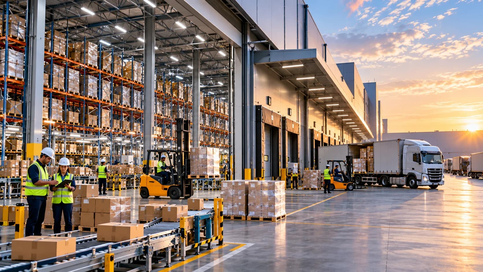 Modern logistics facility with warehouse operations, transportation vehicles, material handling equipment, and professional logistics staff.