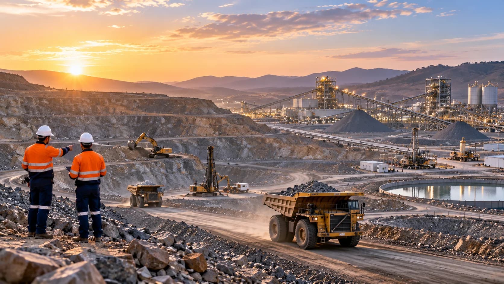 Modern mining and metals operation with heavy equipment, mineral processing facilities, material handling systems, and professional site personnel.