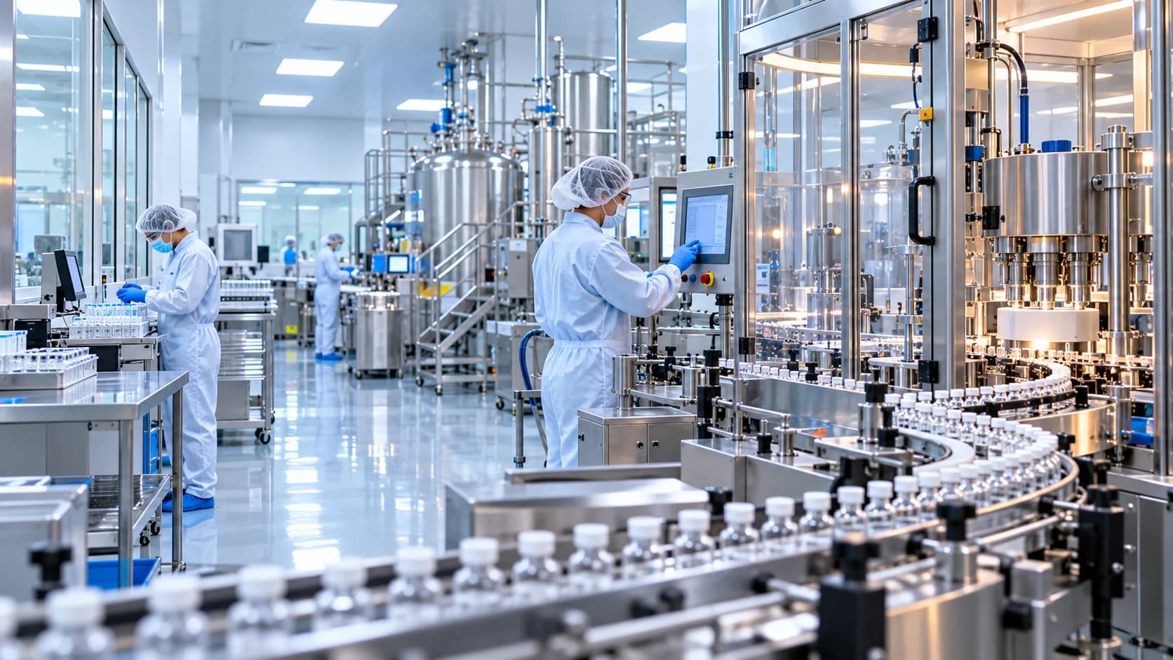Modern pharmaceutical manufacturing facility with controlled production equipment, laboratory testing systems, and professional quality personnel.